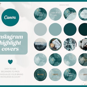 May include: A set of 16 teal and blue Instagram highlight covers with gold accents. The covers feature various designs, including a mountain range, a coffee cup, a laptop, and a wave. The text on the covers includes "My Love", "About Me", "Recipes", "Travel", "NSPC", "Q&A", "Everyday", "Presents", "Codes", and "Canva".