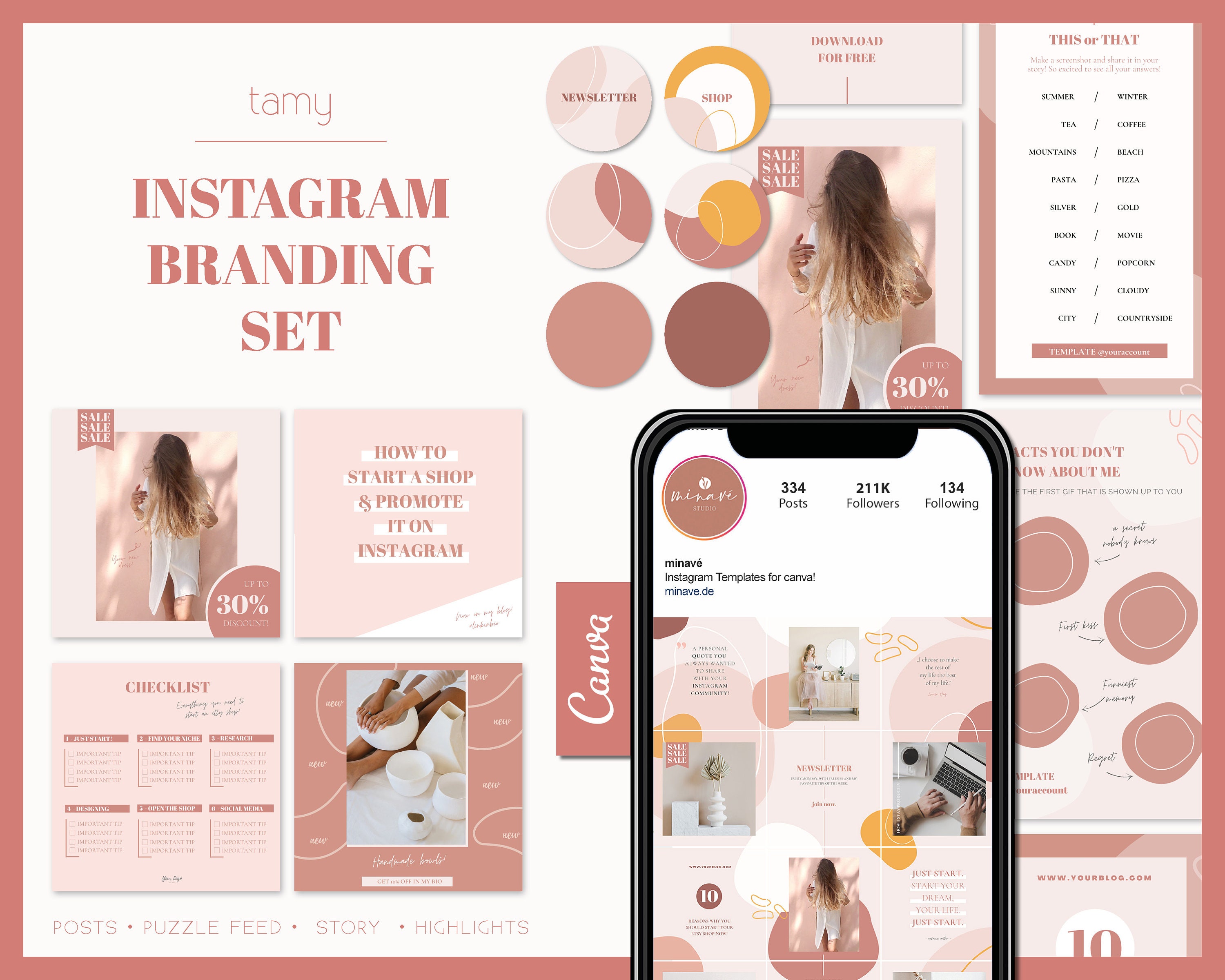 Social Media Branding Set Tamy Canva Posts Pinterest Templates Canva Story Instagram Puzzle Small Business
