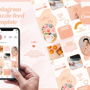 ColourfulI Instagram Puzzle Feed &quot;Lani&quot; |  Brigt Instagram Puzzle Canva | FunInstagram Puzzle Template in Pink & Orange for coaches
