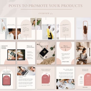 May include: A collection of nine Instagram post templates for promoting products and services. The templates feature a pink and white color scheme with a modern and minimalist design. The text includes phrases like "New in Store", "Your New Online Course", "What You Need to Know", "Why to Buy Your Course", "Your Created Workbook", "Your Course Topics", "Four Marketing Lead Strategy", "Tell More About Your Product", and "Download Workbook".