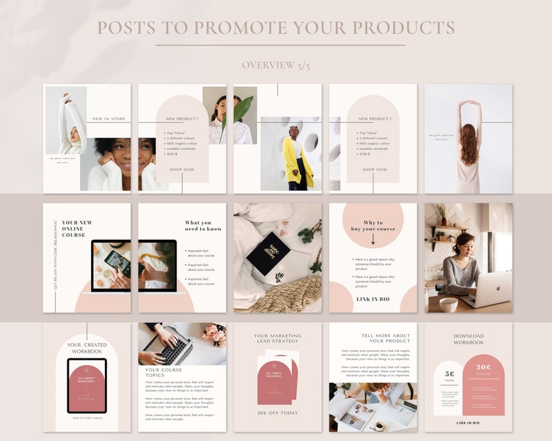 May include: A collection of nine Instagram post templates for promoting products and services. The templates feature a pink and white color scheme with a modern and minimalist design. The text includes phrases like "New in Store", "Your New Online Course", "What You Need to Know", "Why to Buy Your Course", "Your Created Workbook", "Your Course Topics", "Four Marketing Lead Strategy", "Tell More About Your Product", and "Download Workbook".