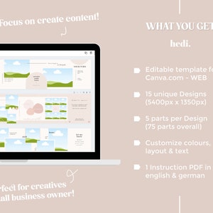 May include: A laptop screen displaying a Canva template with 15 unique designs featuring green hills, clouds, and text. The text on the screen reads "Quotes", "Weekly", "Chill", "Home", "Let me know", and "Your Turn". The text on the laptop screen is in a white sans-serif font. The laptop is on a light pink background. The text "Focus on create content!" is above the laptop. The text "WHAT YOU GET" is on the right side of the laptop. The text "hedi." is below "WHAT YOU GET". The text "Perfect for creatives & small business owner!" is below the laptop.