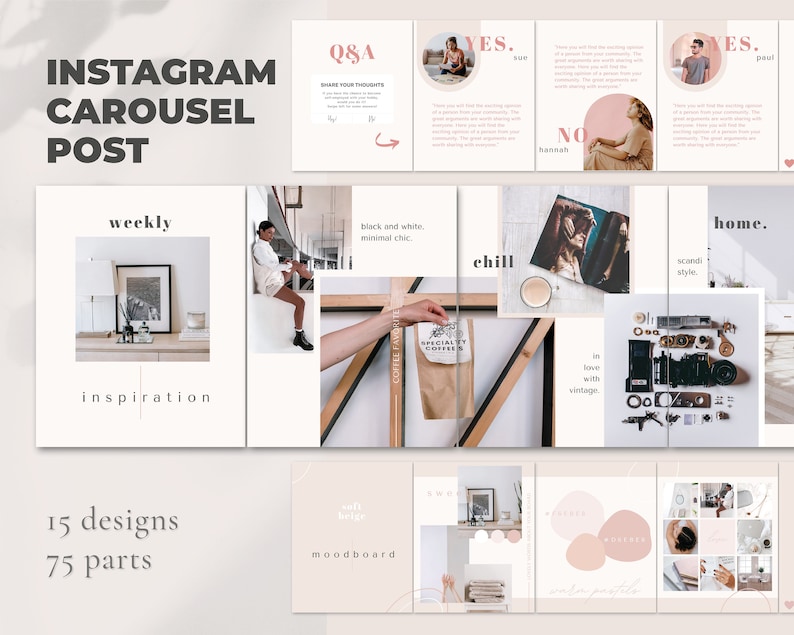 May include: A set of 15 Instagram carousel post templates with a minimalist aesthetic. The templates feature a variety of images, including a coffee bag, a cup of coffee, a mood board, and a home decor scene. The text "weekly inspiration" is featured on one of the templates.