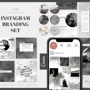 Black & White Instagram Branding Set &quot;nuri&quot; Canva | Gold Instagram Puzzle - Instagram Brand Kit | Editable Insta Templates Marketing Canva
