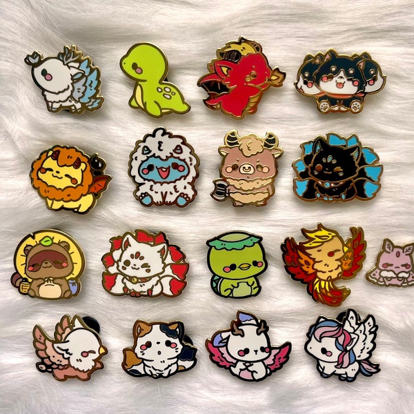 Mythical Creatures Kawaii Enamel Pin | Chibi Kitsune Tanuki Cerberus Kappa Lochness Nessie Fire Dragon Phoenix