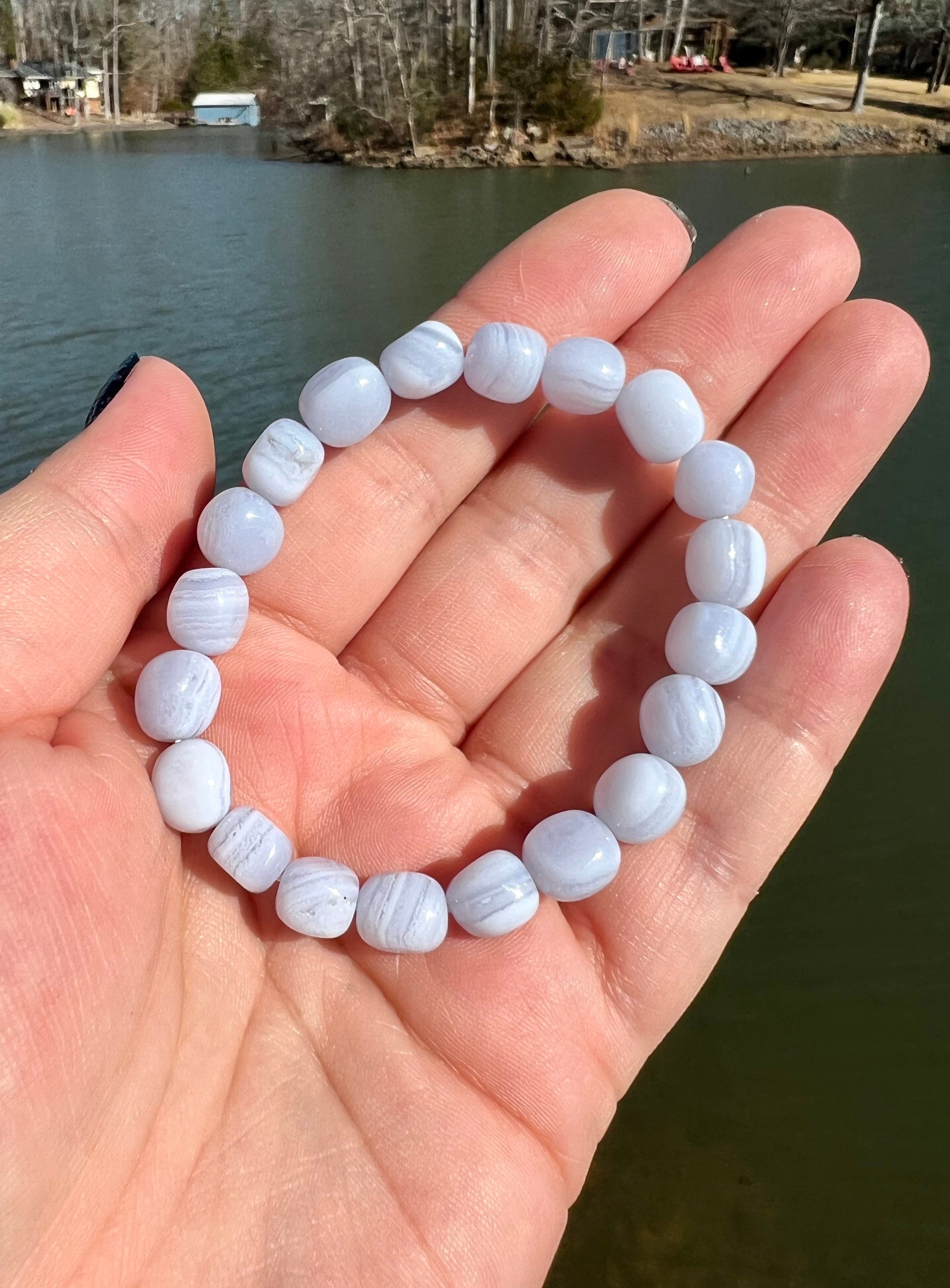 Blue Lapidary Beads Bracelet Agate Stone / 8.0