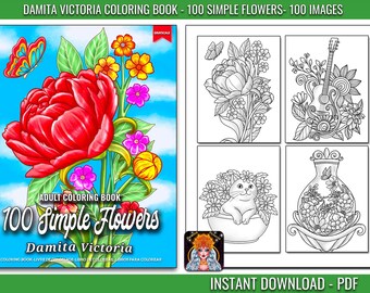 100 Simple Flowers Coloring Book | Digital Coloring Pages | Adult Coloring Book | Printable Coloring | Coloring Therapy | Relaxing  Activity