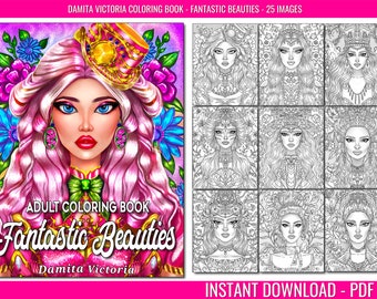 Adult Coloring by Damita Victoria | Fantastic Beauties | Woman Portrait Coloring for Adults Relaxation | Instant Download