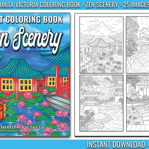 Adult Coloring Book Zen Scenery | Beautiful Landscape Garden & Flowers Coloring | Printable Coloring Page for Relaxation | Instant Download