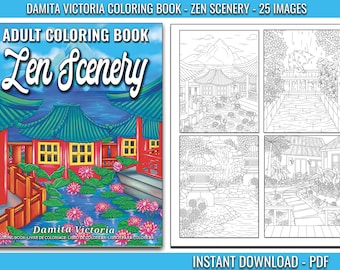 Adult Coloring Book Zen Scenery | Beautiful Landscape Garden & Flowers Coloring | Printable Coloring Page for Relaxation | Instant Download