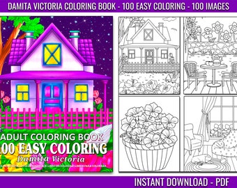 Damita Victoria 100 Easy Coloring Book | Large Prints Coloring Book for Relaxation |  Digital Coloring Pages | Instant Download PDF