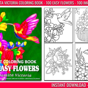 Damita Victoria 100 Easy Flowers Coloring Book | Large Prints Coloring Book for Relaxation |  Digital Coloring Pages | Instant Download PDF