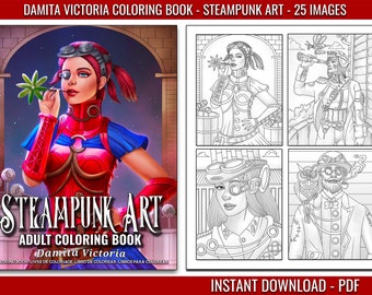 Damita Victoria Steampunk Art Adult Coloring Book | Coloring Book for Women for Relaxation | Digital Coloring Pages | Instant Download PDF