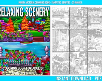 Coloring Book for Adults Relaxing Scenery |  Beautiful Landscapes, Charming Houses, and Lovely Garden | Instant Download
