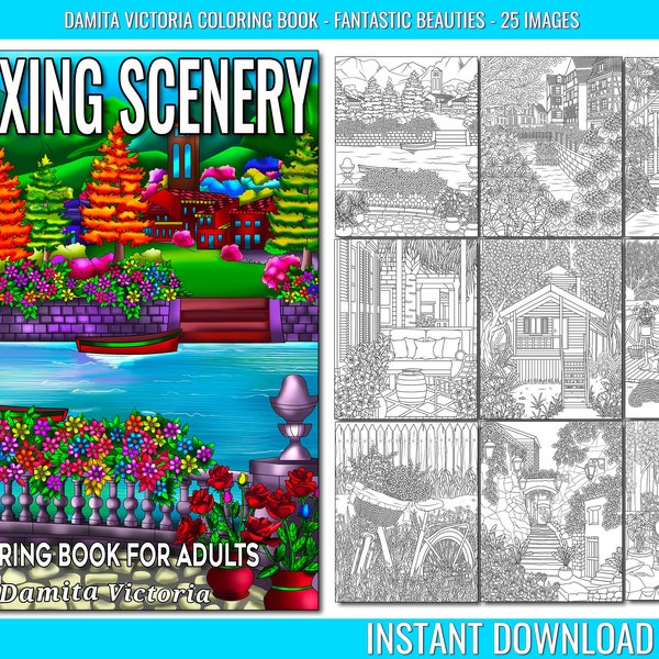 Coloring Book for Adults Relaxing Scenery |  Beautiful Landscapes, Charming Houses, and Lovely Garden | Instant Download