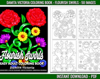 Damita Victoria Flourish Swirls Coloring Book | Large Prints Coloring Book for Relaxation | Digital Coloring Pages | Instant Download PDF