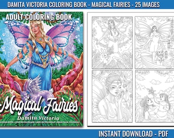 Adult Coloring Book Magical Fairies  | Grayscale Coloring Page | Line Art | Printable Fairy Coloring Book for Relaxation | Instant Download