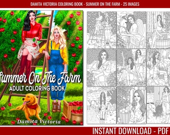 Libro para colorear para adultos / Verano en la granja / Página para colorear para adultos con encantadores paisajes de granja y hermosa mujer / Descarga instantánea