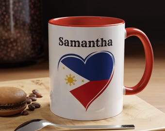 Personalized Filipino Heart Flag Accent Mug, Filipino Heart Flag Mug, Filipino Accent Mug, Filipino Heart Flag Gifts,  Filipino Flag Mug