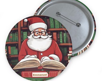 Personalized Santa Checks His Good List Pin Buttons, Santa Reading at the Library, Personalized Christmas Pin, Good Deeds Pin.Santa Pin