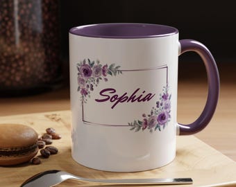 Caneca personalizada com rosa roxa, Caneca com detalhe de rosa roxa, Presente para quem ama roxo, Presente de aniversário, Presente para professores, Caneca roxa personalizada