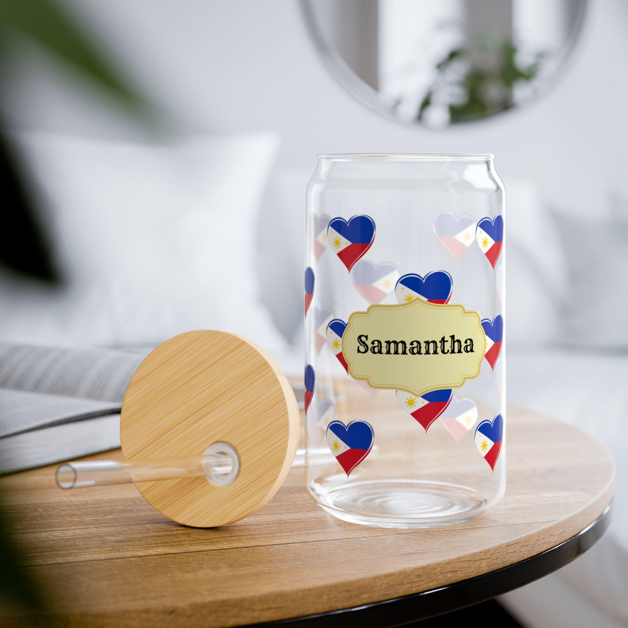 Personalized Filipino Heart Flag Sipper Glass, Personalized Filipino Sipper Glass, 16oz, Filipina, Filipino Heart Flag Gifts, Filipina Gifts