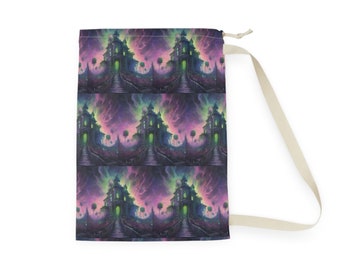 Green and Purple Haunted House Pattern Halloween Bag, Halloween Storage Bag, Halloween Bag, Haunted house Bag, Haunted House Pattern Bag