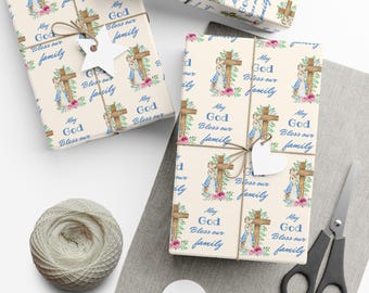 May include: Gift wrap with a repeating pattern featuring a cross, a bunny, and floral accents. The text "May God Bless our family" is printed on the wrapping paper. The wrapped gifts are tied with twine and adorned with star and heart-shaped tags.