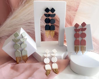 Long Lightweight Polymer Clay Dangle Earrings Modern Geometric Statement Minimalist Gift for Her