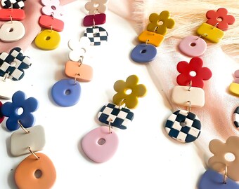 Mismatched Daisy Duos – Handmade Lightweight Polymer Clay Earrings