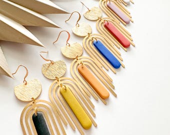 Brass Rainbow Arch Earrings Lightweight Geometric Statement Dangles Modern Minimalist Gift for Her