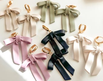 Handmade Polymer Clay Bow Earrings | Gold Huggie Hoops, Dainty Feminine Jewelry