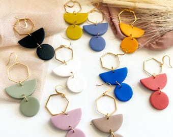 Pendientes colgantes hexagonales de arcilla polimérica, ligeros, geométricos, llamativos, varios colores, regalo para ella.