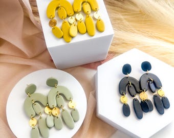 Luna Swing Arches – Polymer Clay Earrings with Gold Charm – Lightweight Handcrafted Statement Earrings