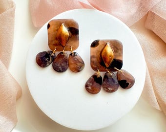 One of a Kind Amber Tortoise Resin Dangle Earrings | Gold Accent Lightweight Statement Jewelry
