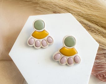 Color Block Statement Stud Earrings Multicolor Polymer Clay Bold Modern Lightweight Gift for Her