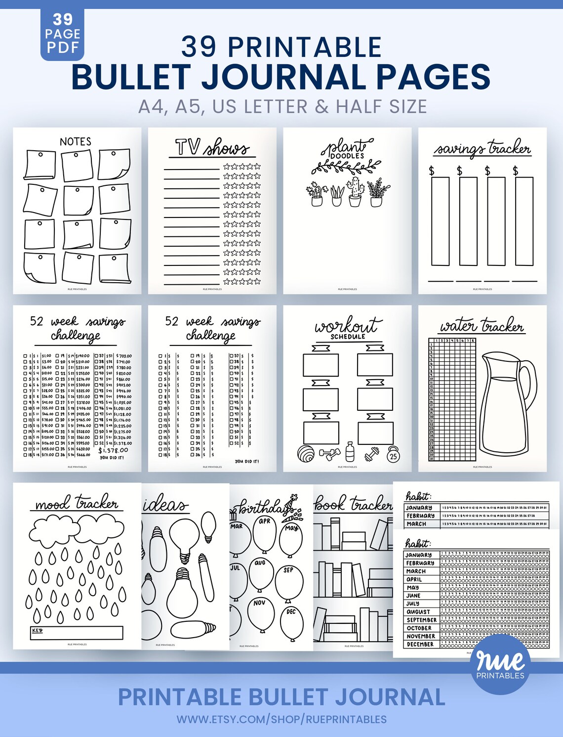 39 Printable Bullet Journal Pages, Habit Tracker, Water Tracker, Daily ...