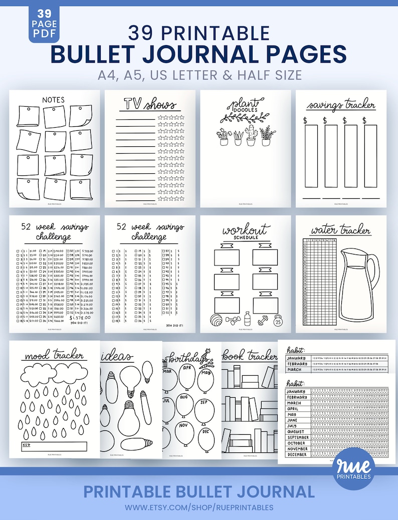 39 Printable Bullet Journal Pages, Habit Tracker, Water Tracker, Daily ...