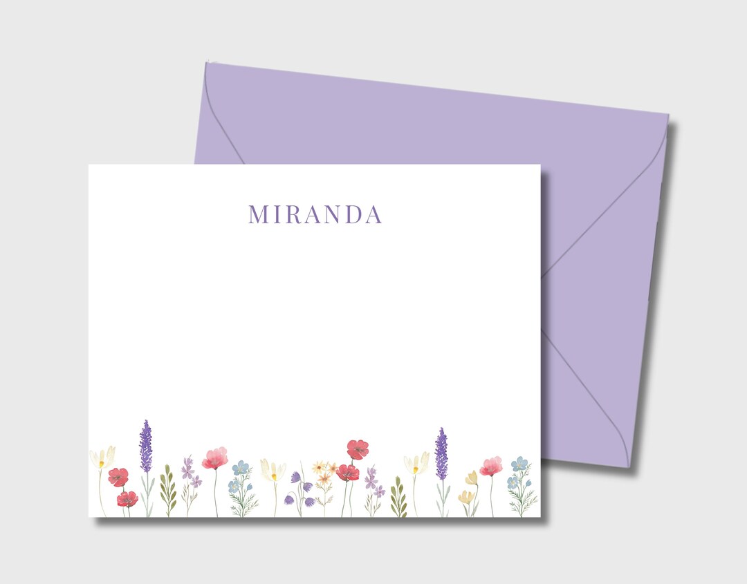 Personalized Wildflower Stationery Set, Custom Flat Cards With Lavender ...