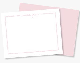 Personalized Girls Stationery, Custom Name Flat Cards, Minimal Pink Note Cards, Classic Kids Stationery Set