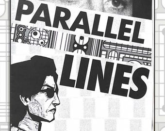 May include: A black and white book cover titled Parallel Lines by Ren W. The cover features a graphic illustration of a person in profile wearing dark sunglasses, a pair of eyes in a horizontal strip, and abstract geometric patterns in black and white.