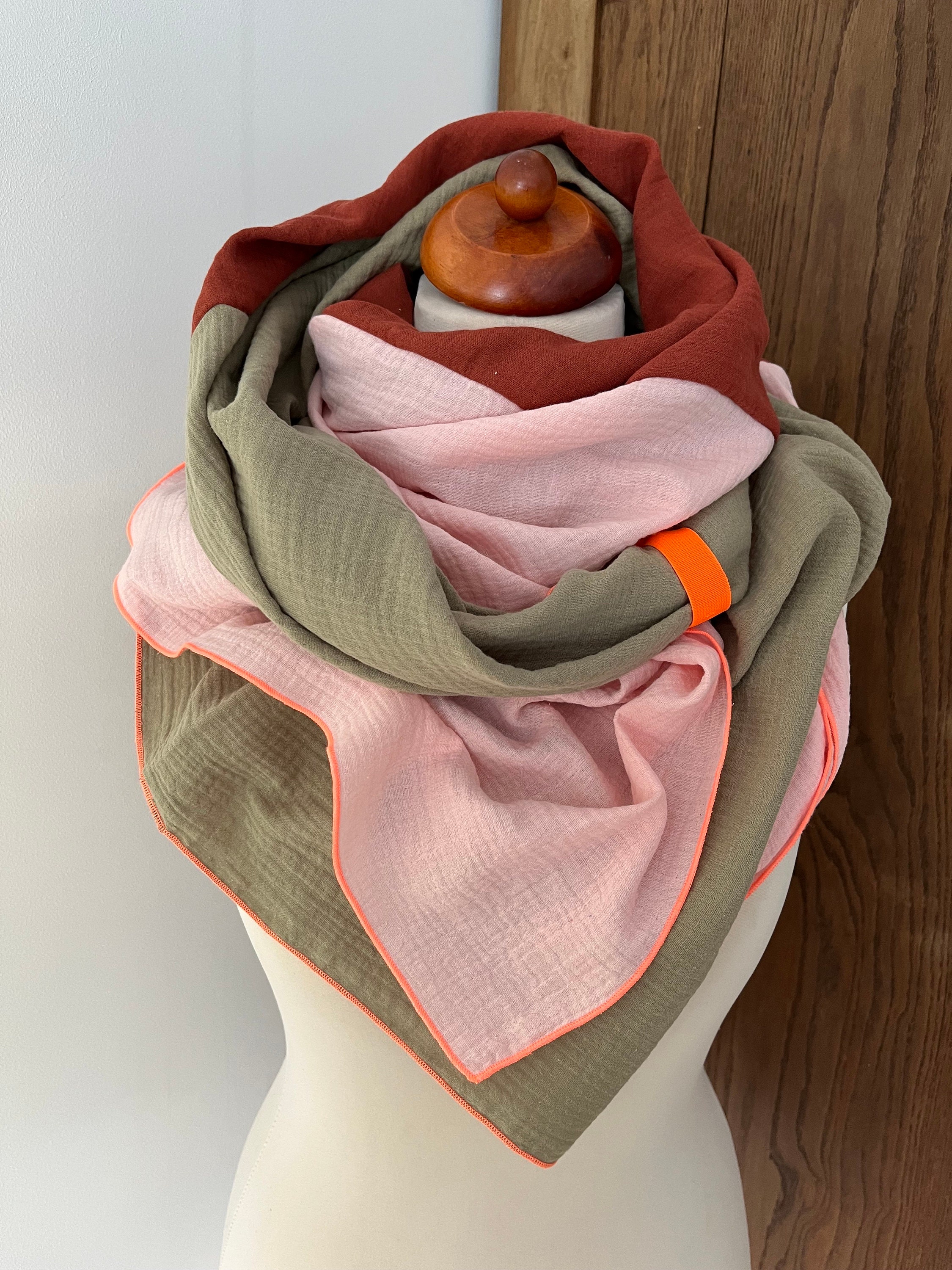 Assorted Wool Louis Vuitton-Inspired Scarf with Fox Pom-Pom