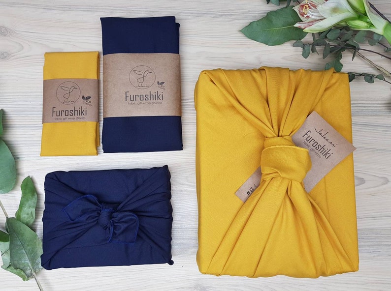 Furoshiki Dark blue/mustard gift packaging made of fabric made in Germany image 1