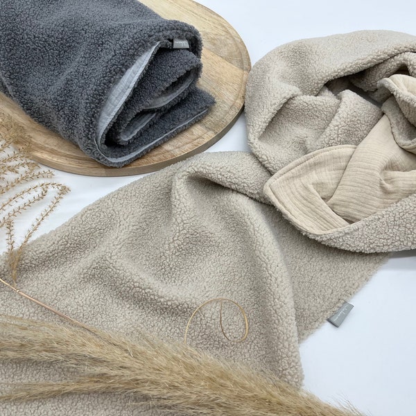 XXL teddy scarf, beige | gray, muslin, teddy