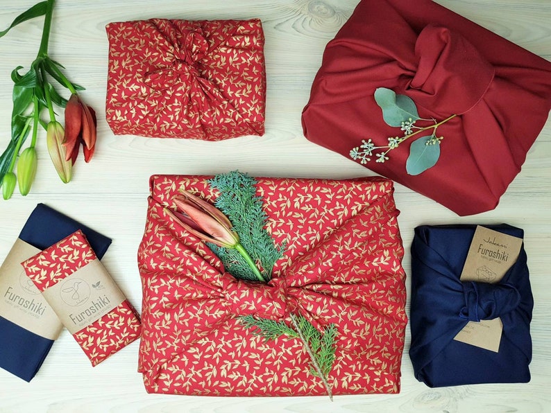 Furoshiki Baumwolle Rot Gold Geschenkverpackung aus Stoff Made in Deutschland Bild 4