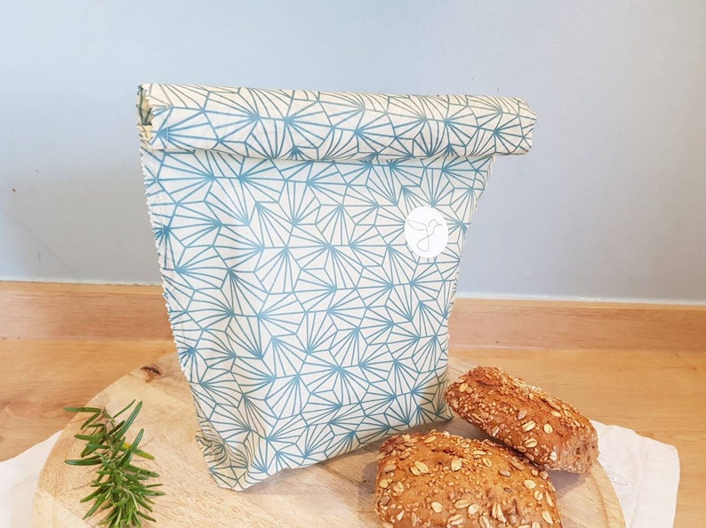 Bienenwachsbeutel XL krümelfrei, Lunchbag, Brotbeutel Blau Geometrisch