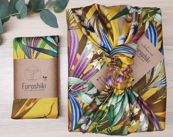 Furoshiki | BW Satin Premium Limette Floral- Geschenkverpackung aus Stoff Made in Deutschland