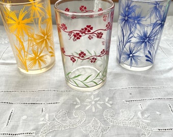 Swanky Swig Vintage 5 oz Juice Glasses I Drinking Glasses Tumblers I Vintage Red and Black Tulip Drinking Glasses I Yellow and Blue Flowers