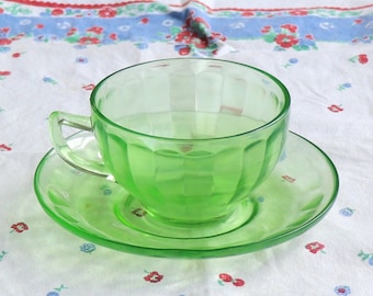 Green Depression Glassware | Vintage Teacup and Saucer Set | Depression Era Glassware I LAST one!!!
