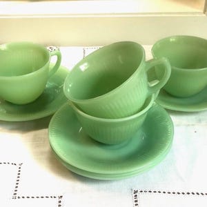 Jadeite Fire King Tea cup, Jane Ray Tea Cup I Green Jadeite Teacup and Saucer Set I 6 oz Jane Ray